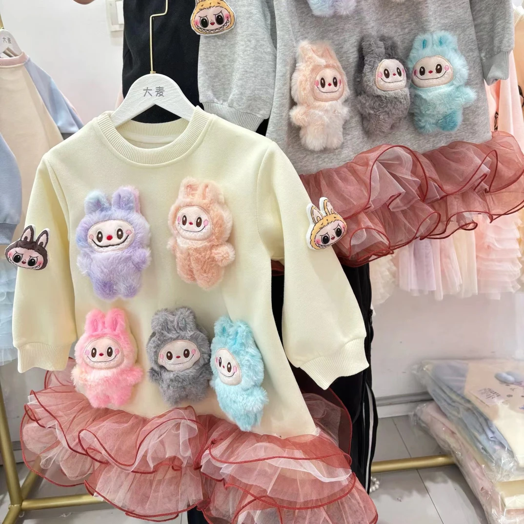 女童拉布布卫衣花边连衣裙长袖春秋季2025新款儿童labubu公主裙子