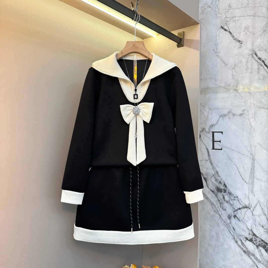 时尚百搭大码小香风蝴蝶结显瘦宽松设计感拉链上衣短裙套装881