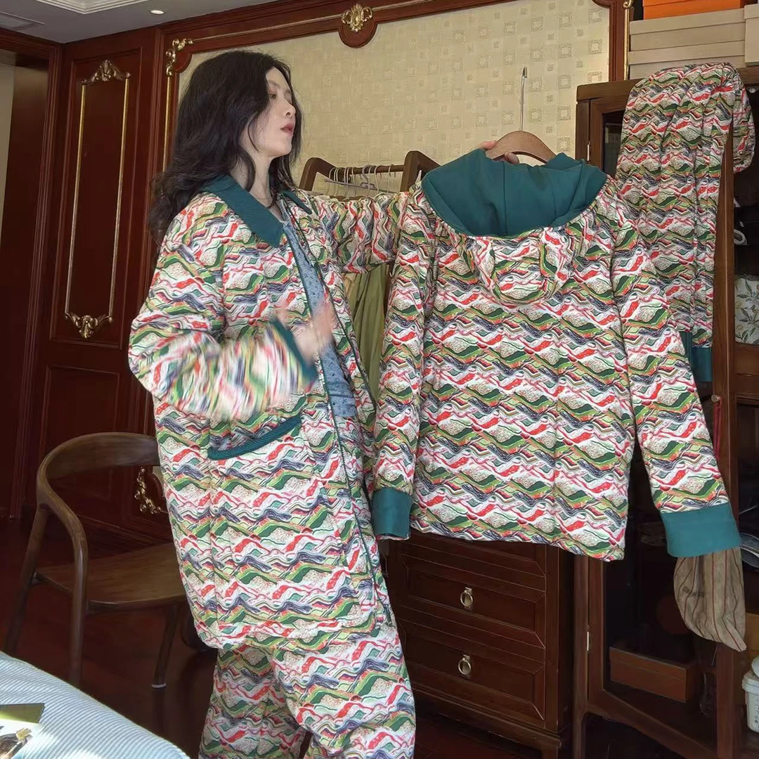 睡衣女冬季款三层夹棉袄加厚保暖碎花翻领里外纯棉家居服冬天套装