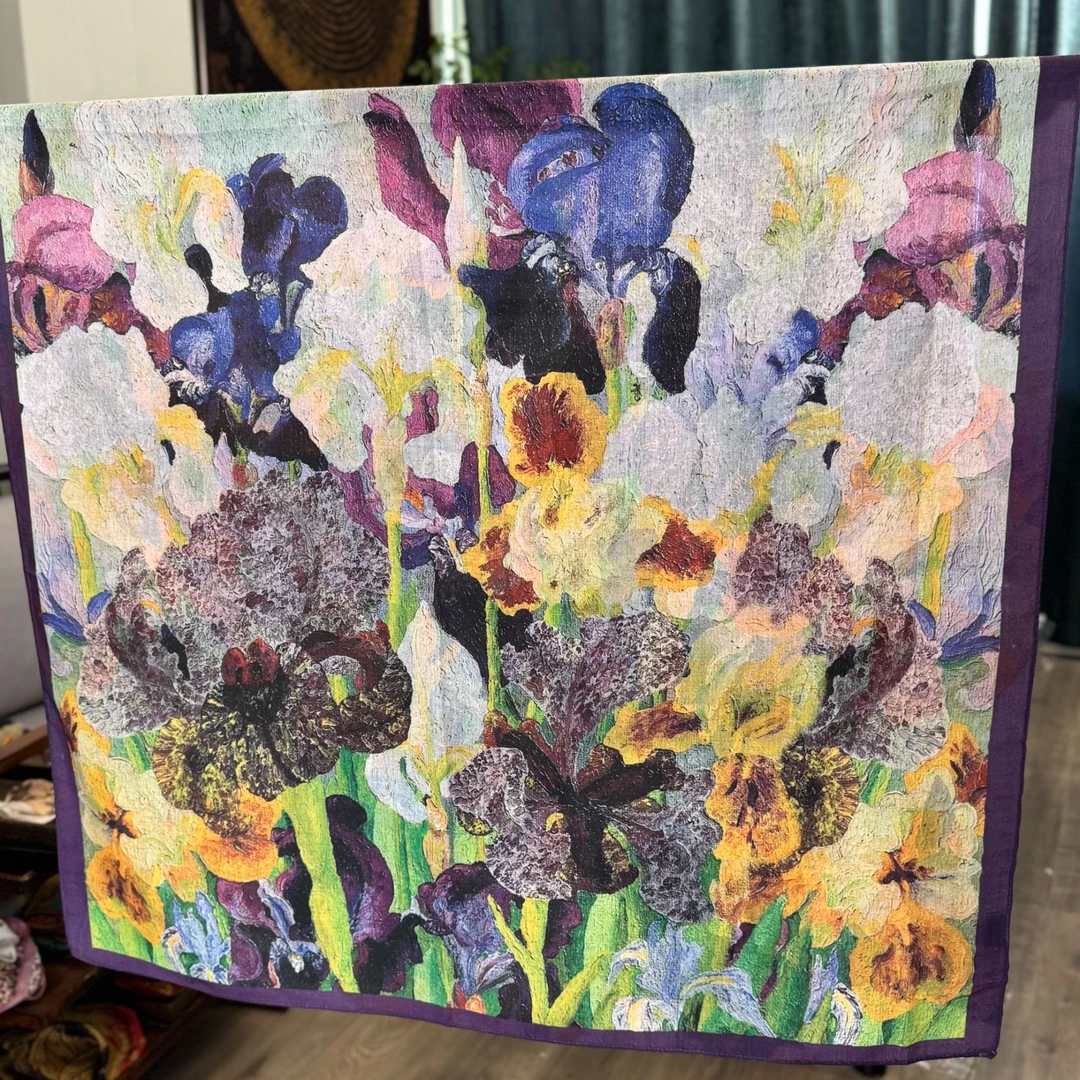 【A60-100 鸢尾花】90*90丝毛保暖高端定制国风提花百搭丝巾中国风