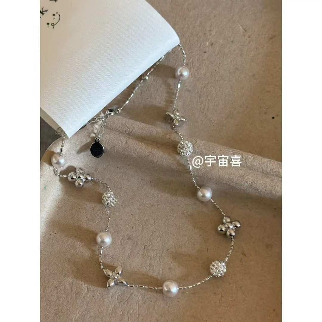 铜合金仿珍珠项链  I2-595【银色尖花圆花拼接锆石圆球项链锁骨链】