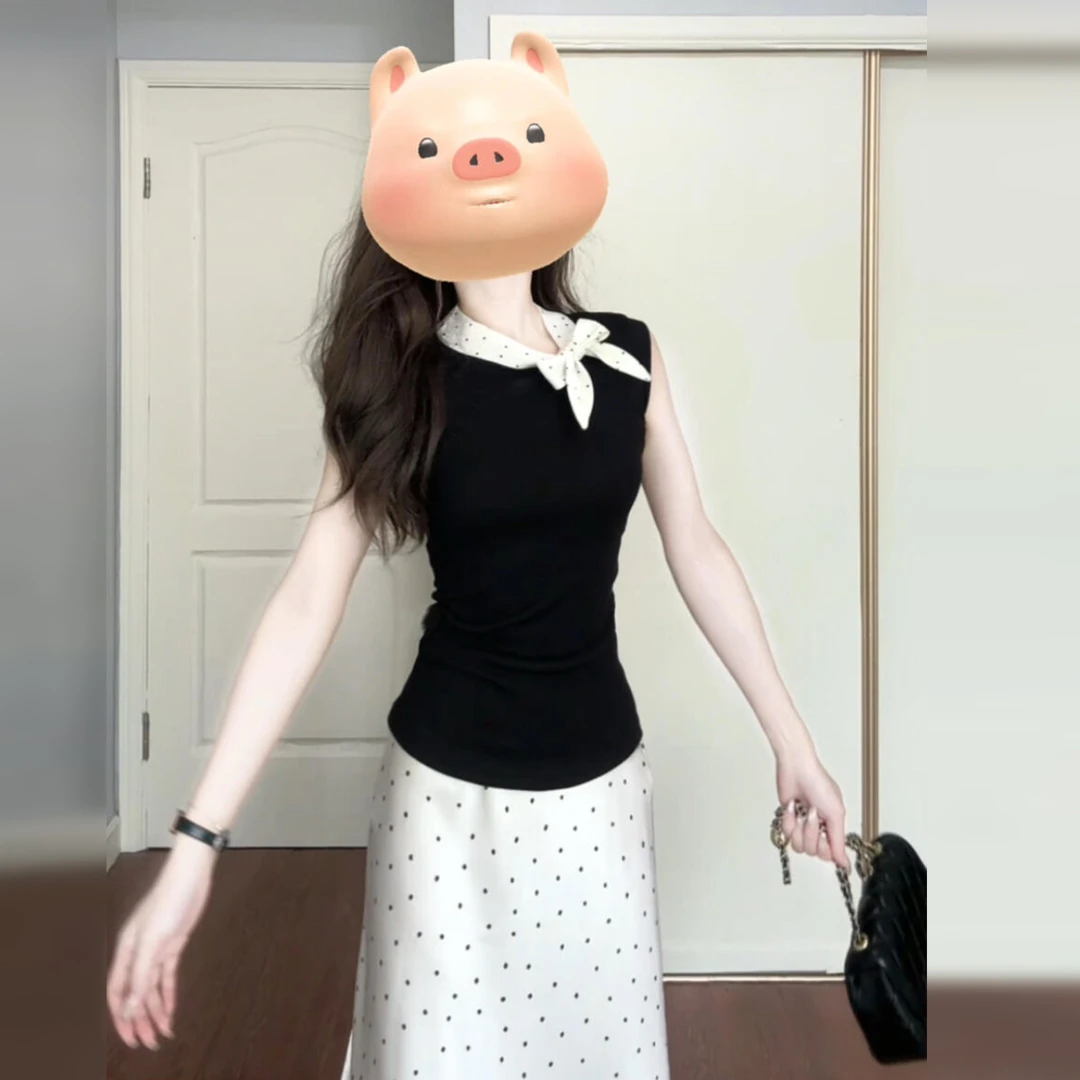 无袖背心连衣裙子女夏季2025新款气质穿搭高级感波点长裙套装5195