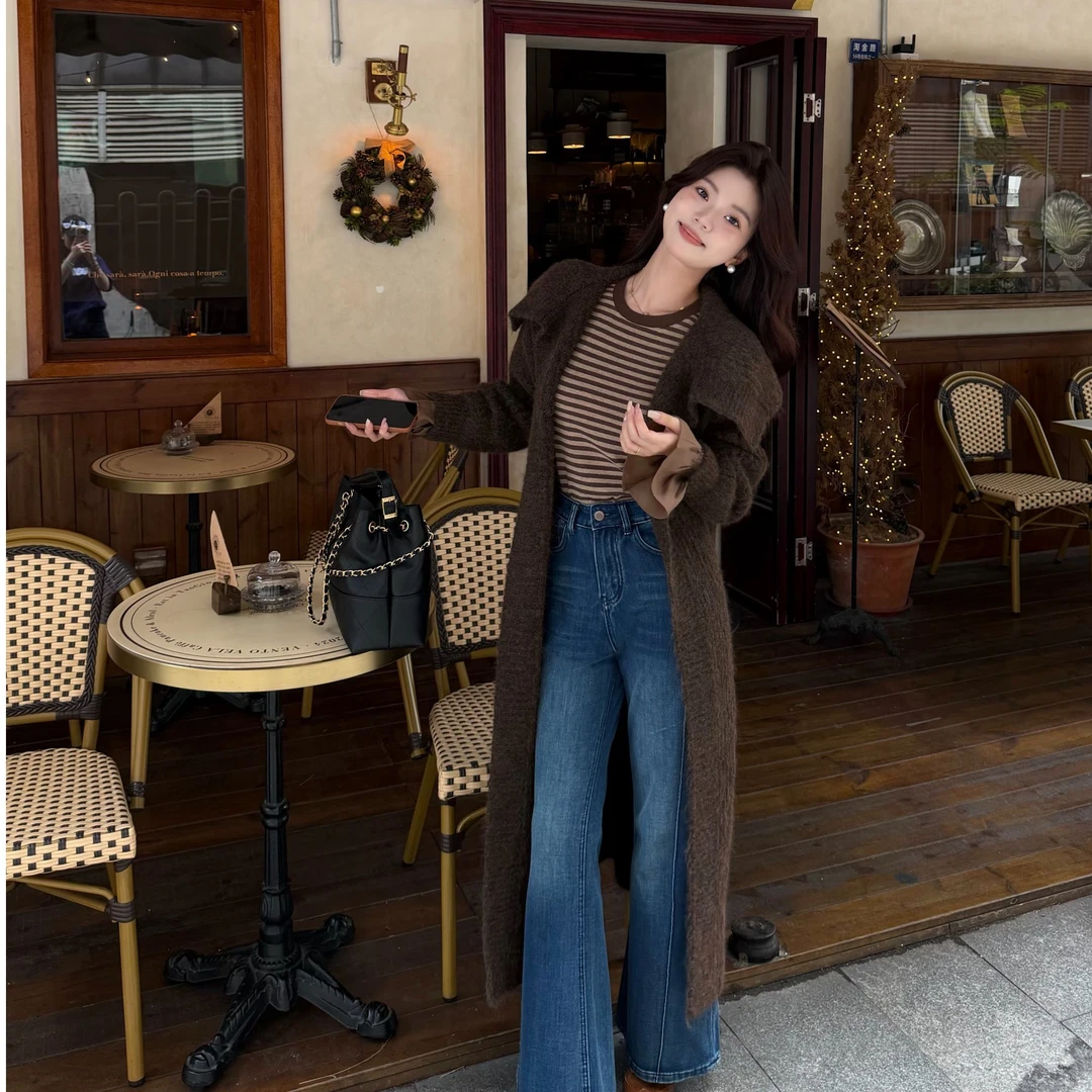 【西野暮色】复古气质秋冬翻领针织衫女慵懒高级感长款毛衣外套