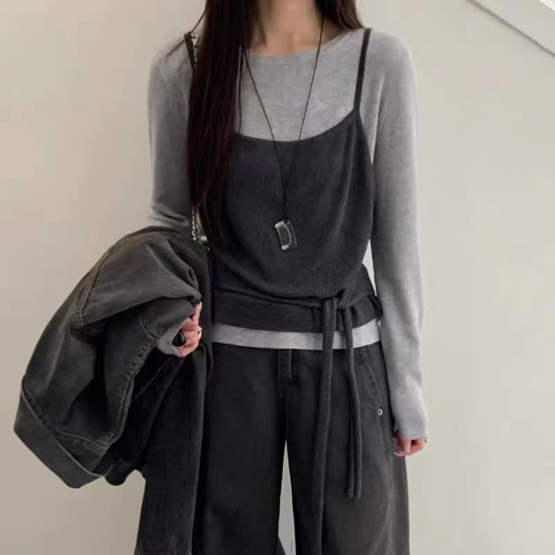 韩系穿搭设计感绑带收腰长袖针织衫女2025早秋新款显瘦假两件上衣