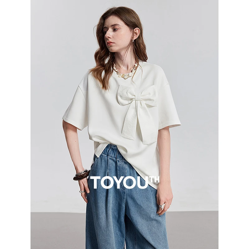 【年终狂欢购】初语蝴蝶结T恤女2025夏季法式新款oversize宽松上衣