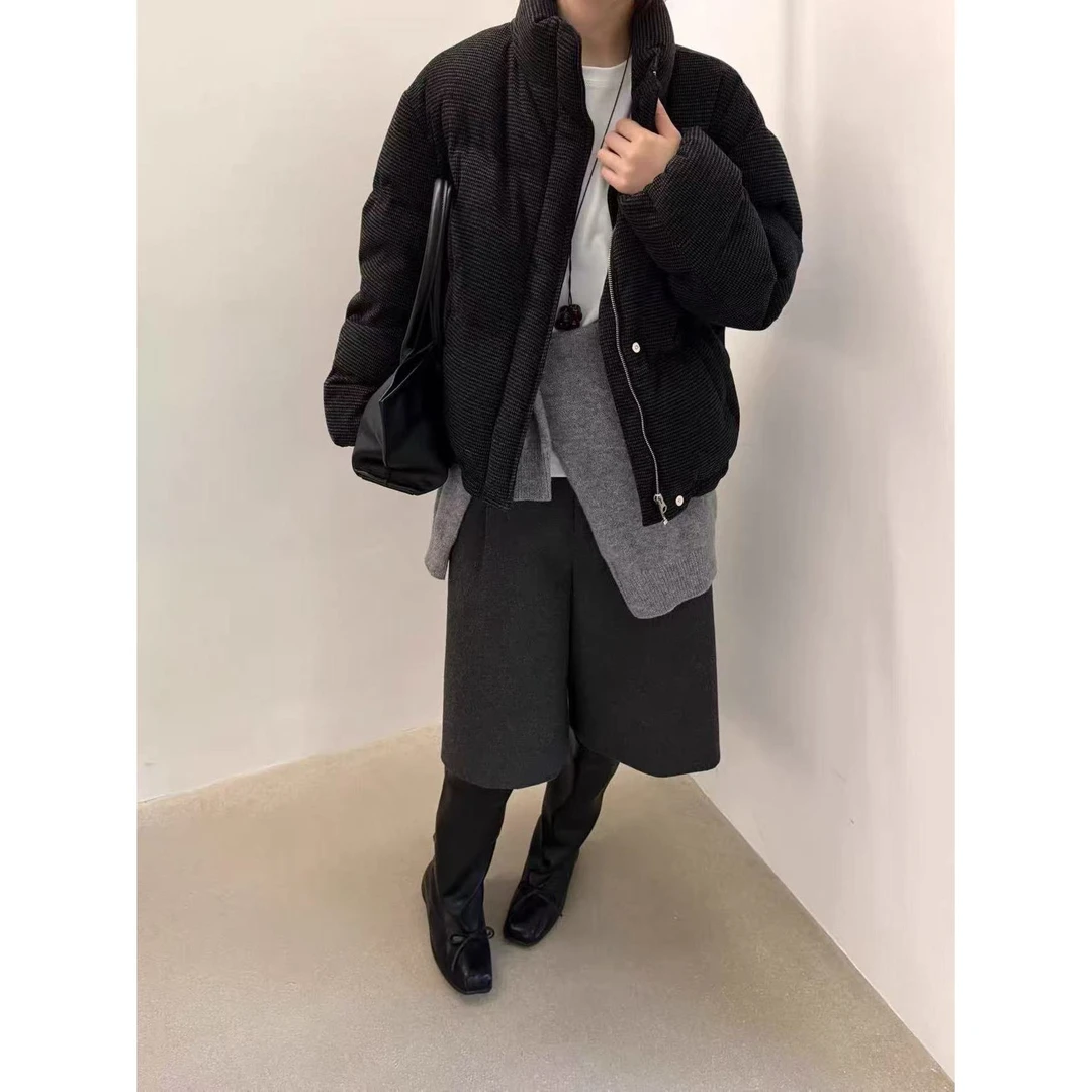 L-2503#『15%羊毛』“90%白鸭绒”韩系简约“格子tee”羽绒服外套