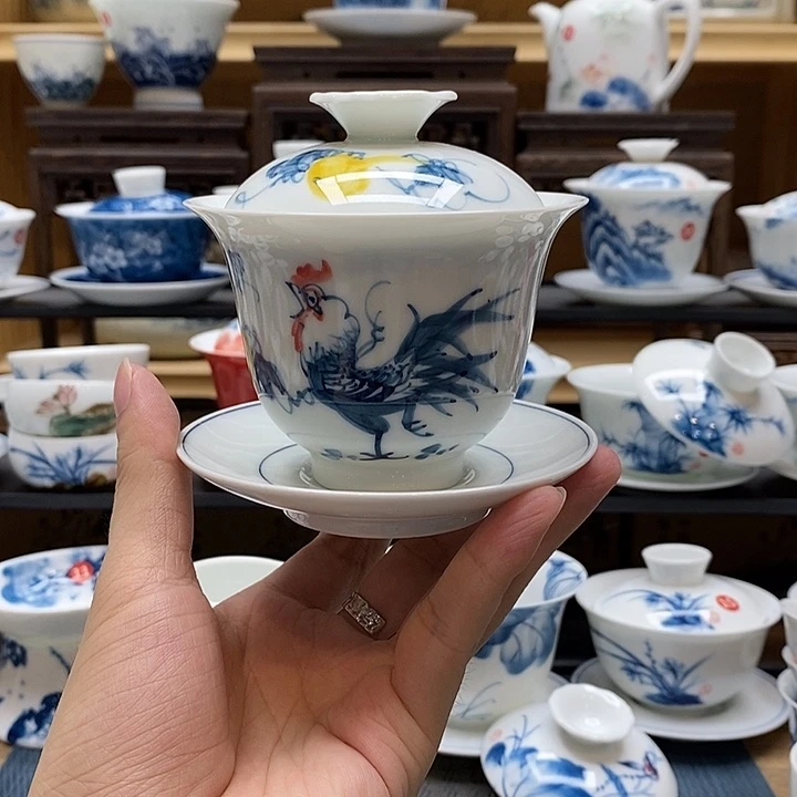 手绘公鸡160盖碗釉下彩高温瓷微瑕福利款