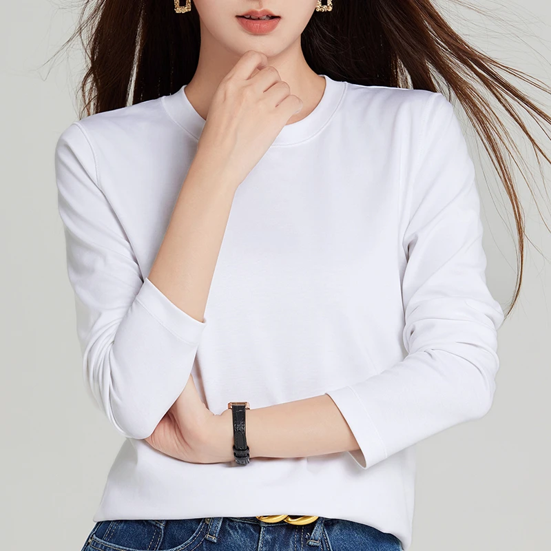 【匹马棉长袖】宽松白色t恤时尚休闲套头圆领百搭打底春秋新款