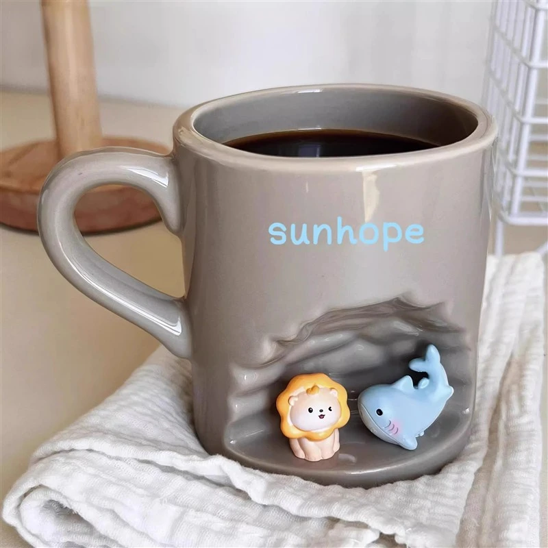 原创莎头孙颖莎王楚钦可爱山洞马克杯小鲨鱼狮子喝水杯子陶瓷杯子