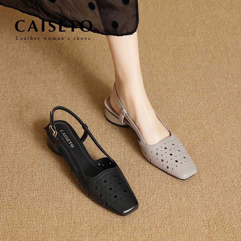 羊皮/3.5cm气质低跟镂空方圆头女包头春夏时装凉鞋25XL124