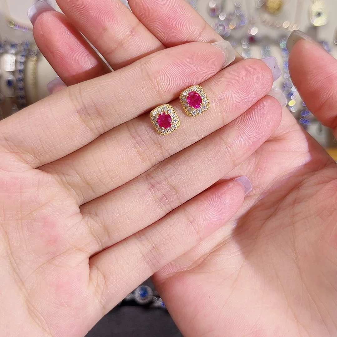 耳饰银S925镶嵌红宝石