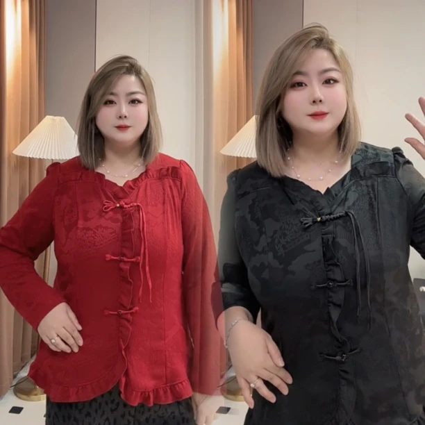 大码胖mm新年本命年复古提花花边盘扣磨毛加薄绒修身显瘦秋冬上衣