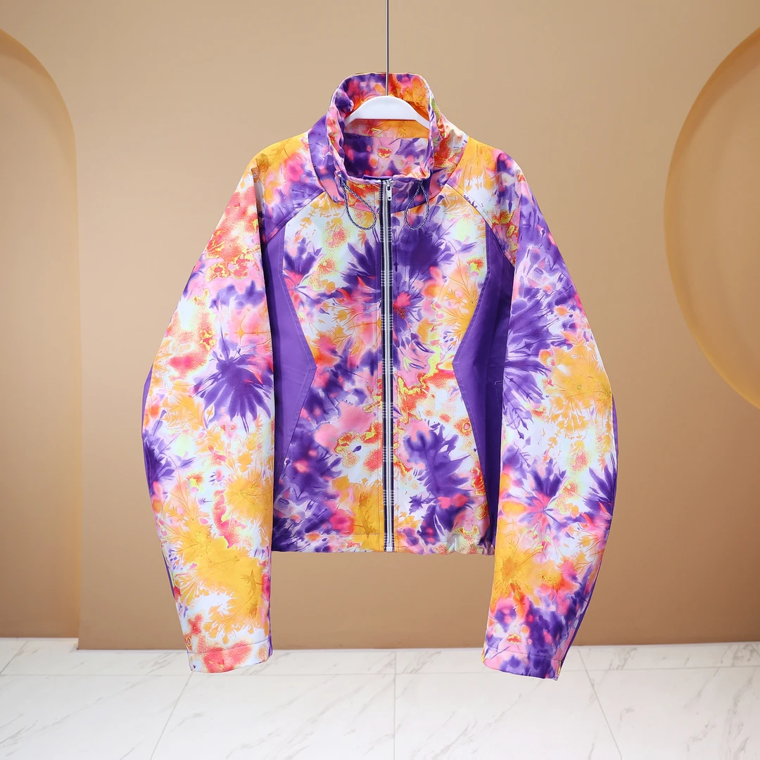 【程二女装】2025春季欧货阔版紫藤花撞色印花廓形外套6008