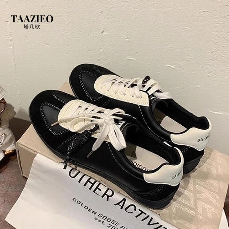 TAAZIEO黑色德训鞋女款爆款鞋子百搭真皮厚底运动休闲板鞋阿甘鞋