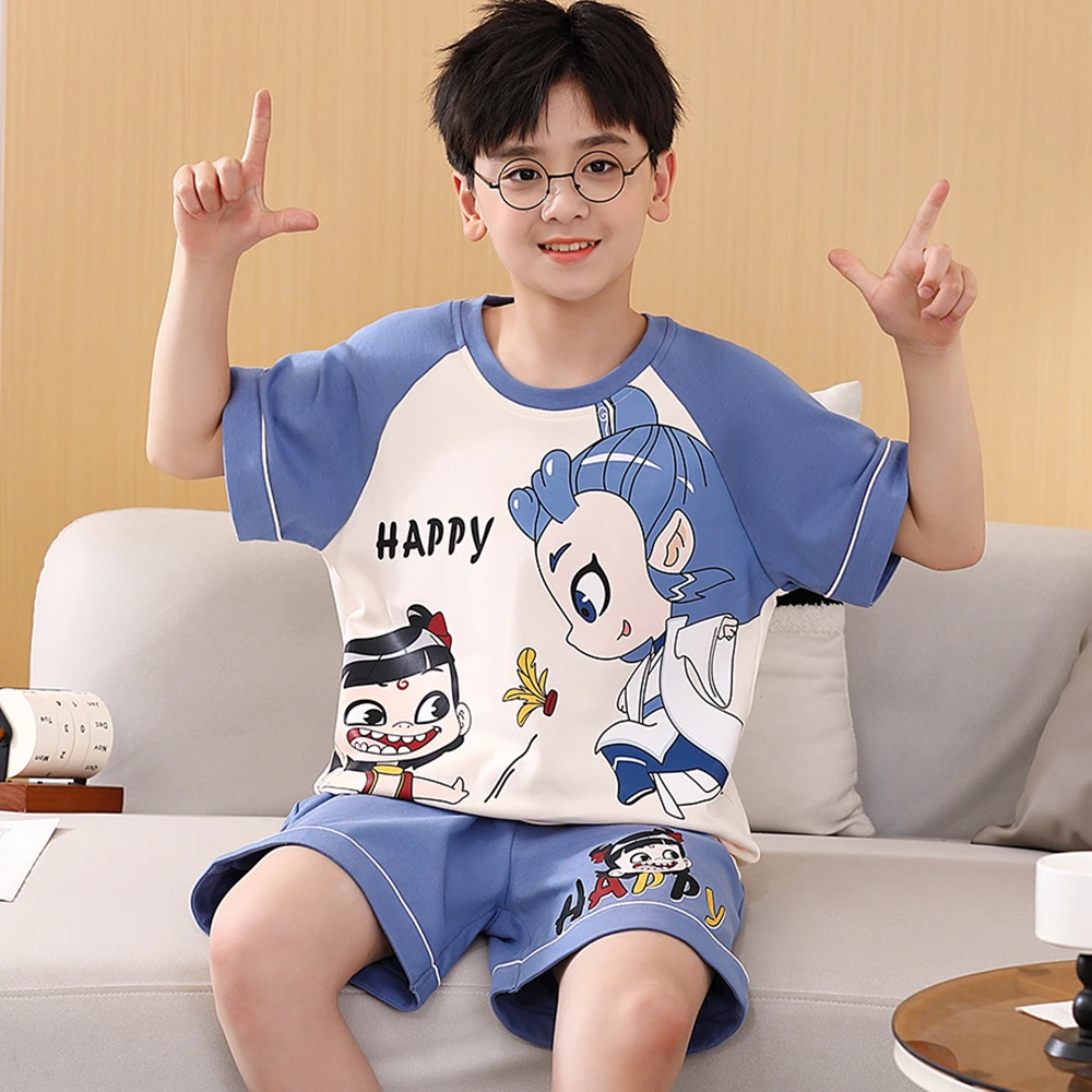 2025新款男童睡衣短袖哪吒傲丙居家服套装男孩儿童夏天学生宝宝棉