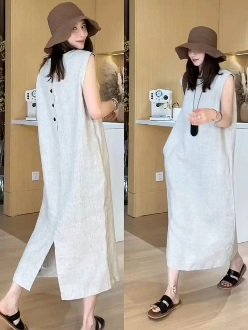 【yueyue】亚麻极简慵懒连衣裙