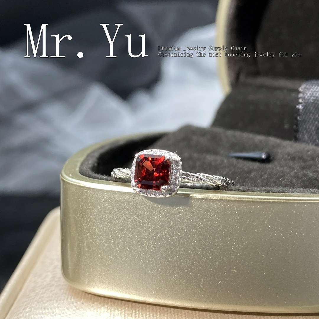 天然石榴石戒指气质轻奢时尚红色简约精致方形方糖经典镶嵌sl001