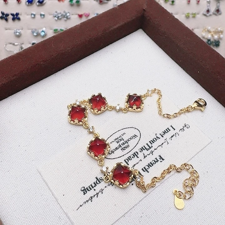 石榴石耳饰银S925镶嵌手链