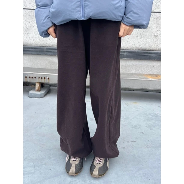 紫咖色羊毛阔腿裤束脚