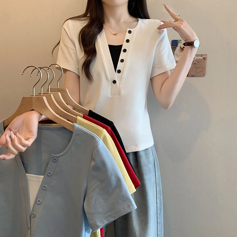 【小曹大码】夏装新款女韩版撞色拼接正肩短袖别致T恤-ONL33628