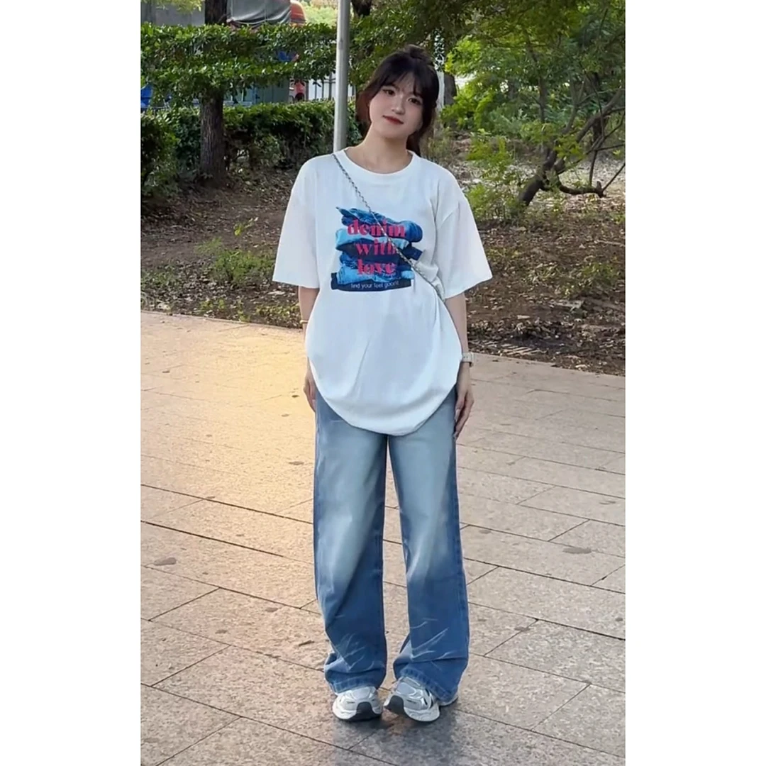 YOO[休闲风]堆堆乐复古情侣短袖020一做旧高腰直筒阔腿裤808一