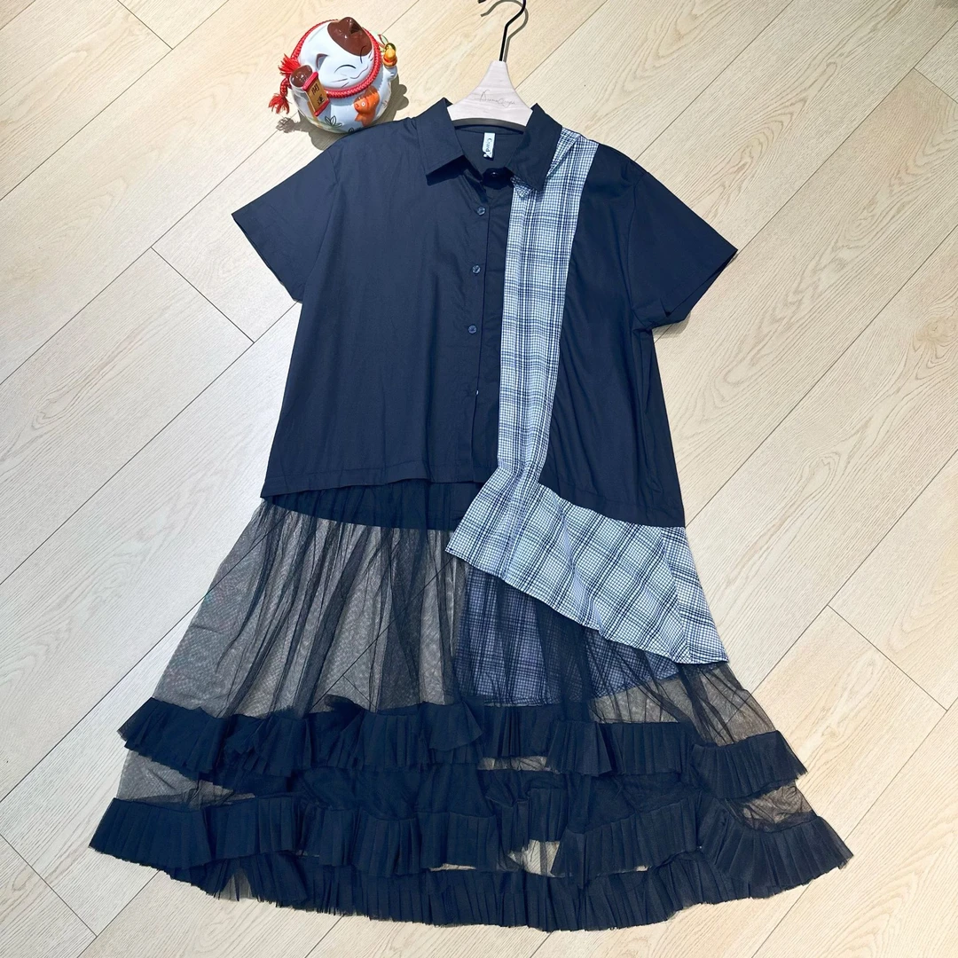 COCOFIVEMIX不规则格子拼接网纱高级黑色牛仔宽松气质连衣裙夏季