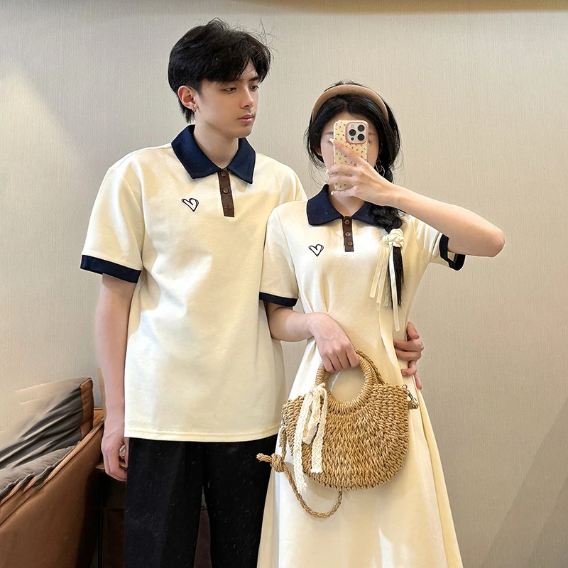 2024夏季新款情侣装polo领短袖连衣裙学院风短袖