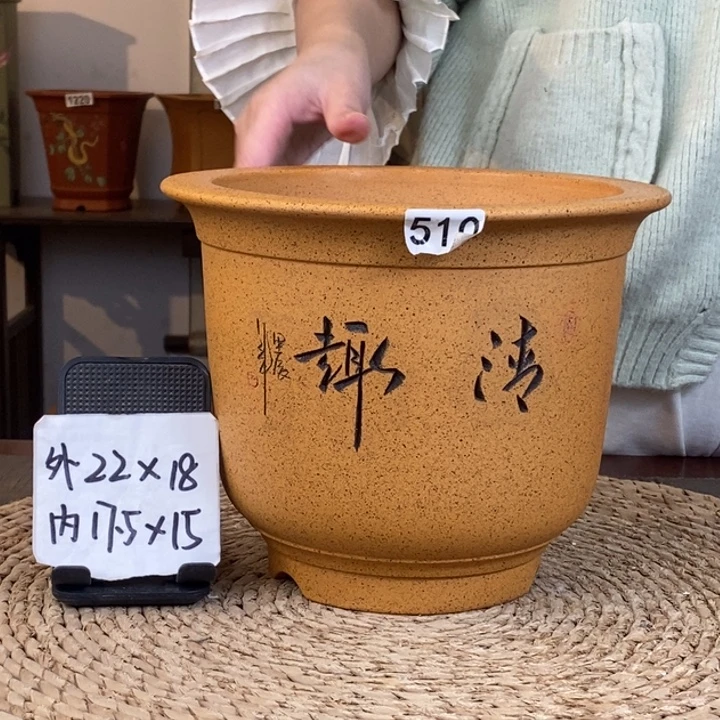 紫砂花盆 特惠柴烧刻绘清趣金钟510