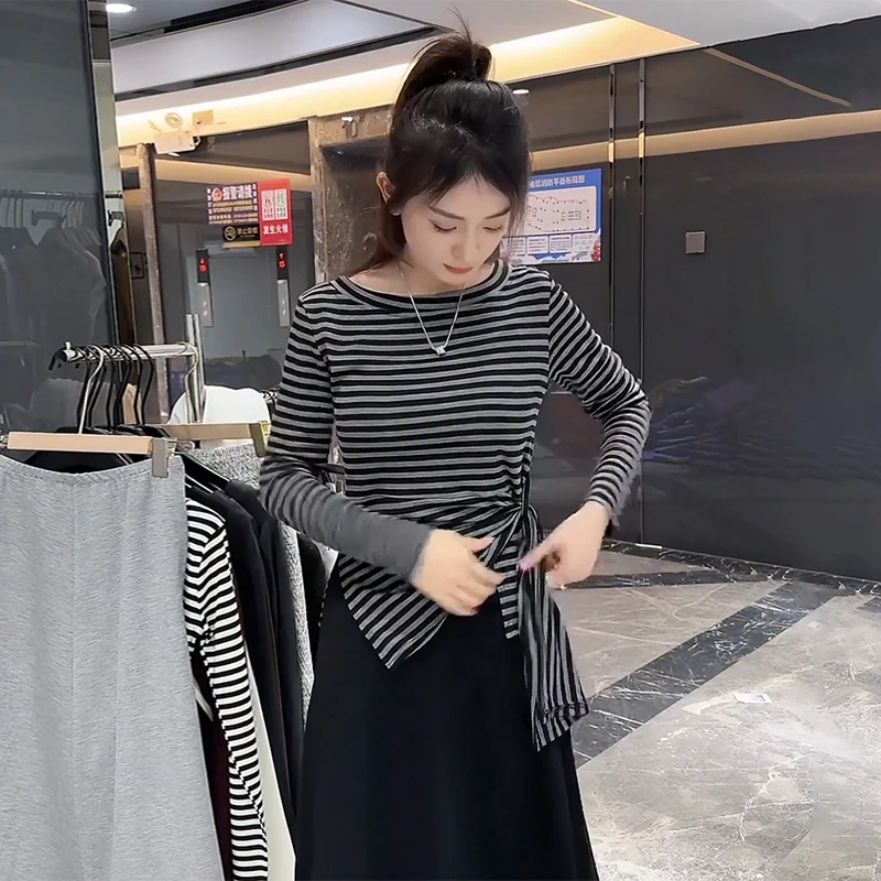 大码胖mm早秋季斜肩条纹长袖t恤2025新款不规则系带收腰显瘦上衣
