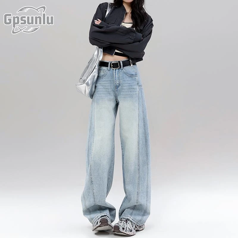 gpsunlu浅蓝色弯刀牛仔裤女夏季新款美式高腰百搭宽松直筒镰刀裤