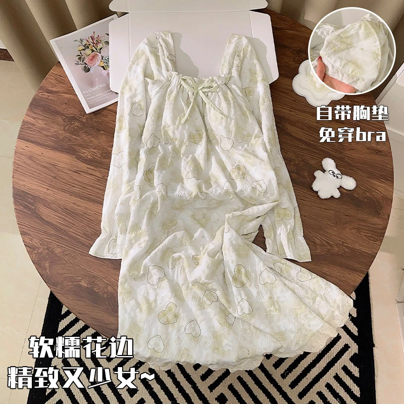 小清新绿色睡裙女春秋季长袖梭织棉睡衣2025新款带胸垫家居服