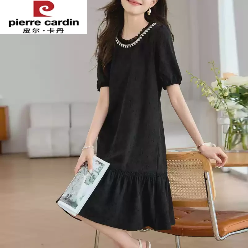皮尔卡丹黑色连衣裙女短袖夏季新款高级气质裙子赫本风小黑裙遮肉