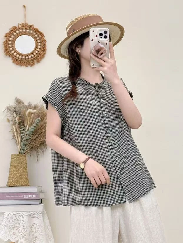 2025夏季新款雨露亚麻木耳花边领无袖文艺复古宽松上衣 1155