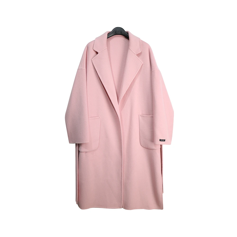 DY102【新款】高端赫本风粉色长款气质百搭西装领过膝浴袍款大衣3D