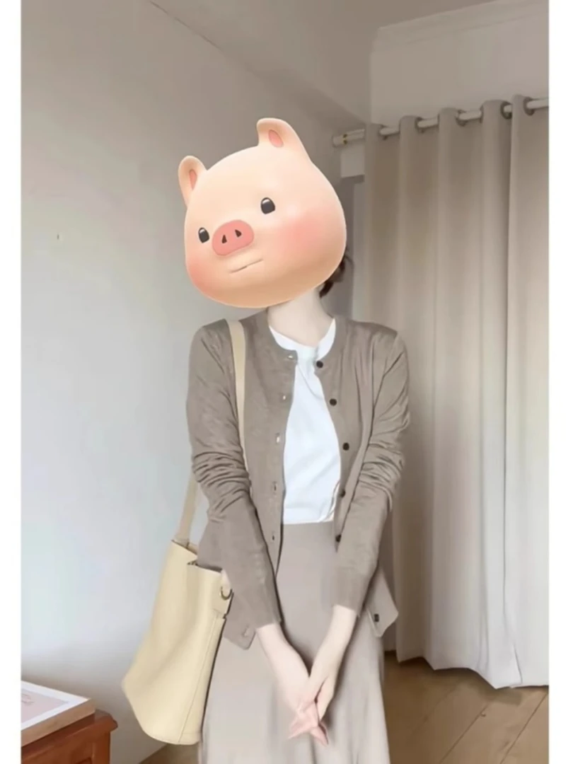 韩系圆领针织开衫女2025新款春季慵懒风修身长袖毛衣内搭气质外套