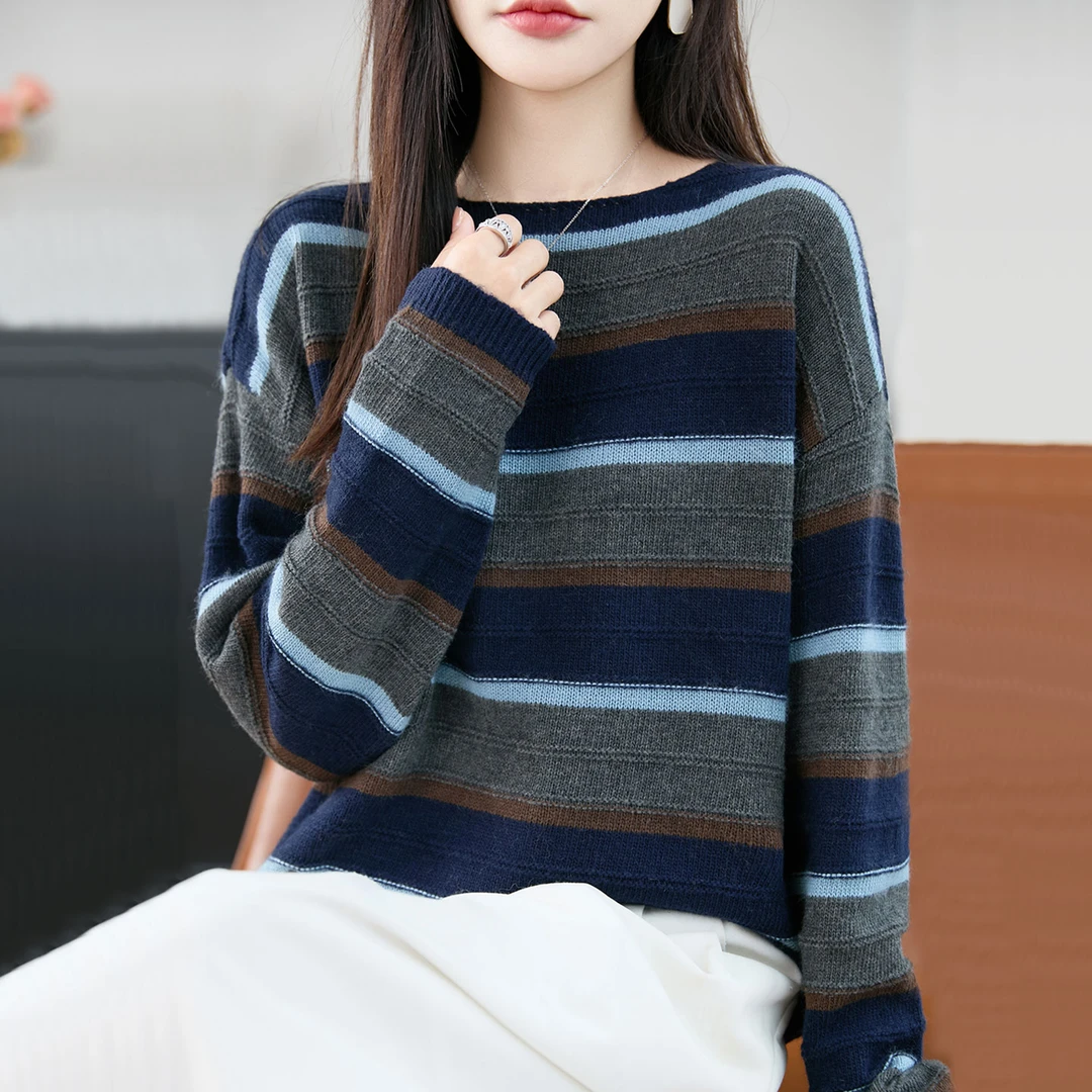 圆领拼色条纹羊毛衫针织女士毛衣秋季新款时尚宽松减龄打底衫上衣