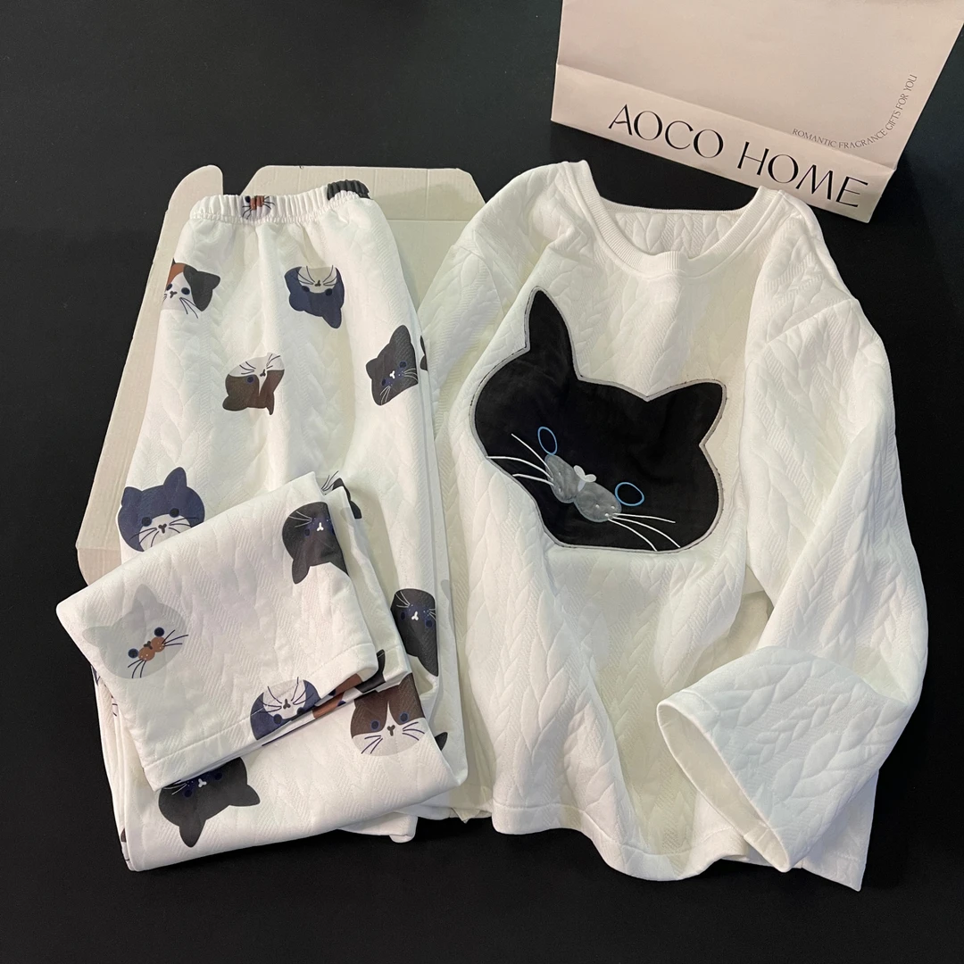 睡衣女士秋冬季长袖大码空气棉夹层2025新款黑猫套装可外穿家居服