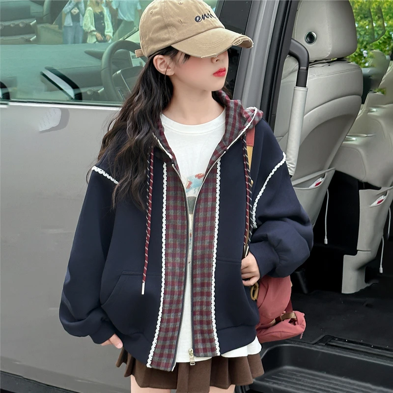 女童时髦连帽拼接外套春秋新款中大童女孩洋气韩版百搭秋装拉链衫