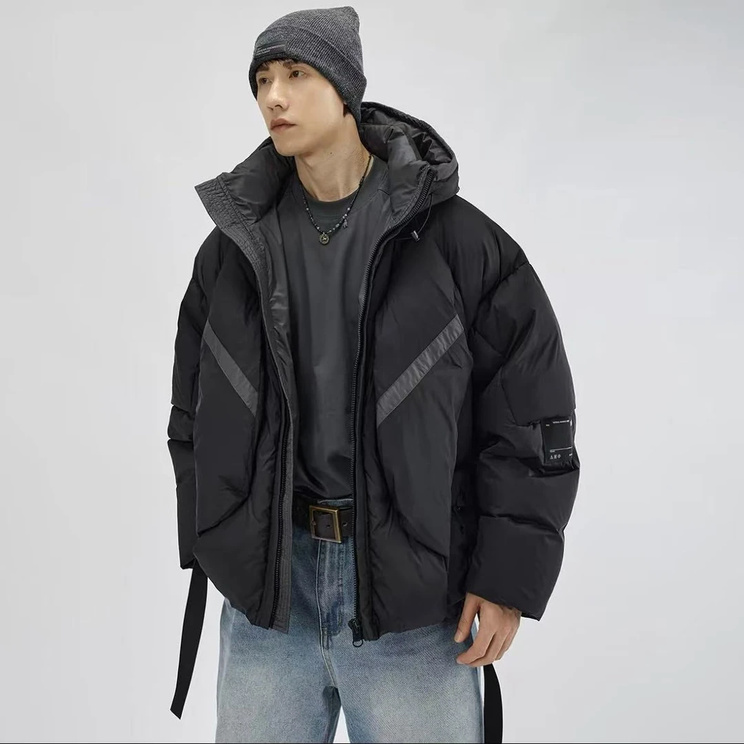 到位男装秋冬时尚厚款保暖拼条休闲连帽定制尼龙羽绒服Y6420