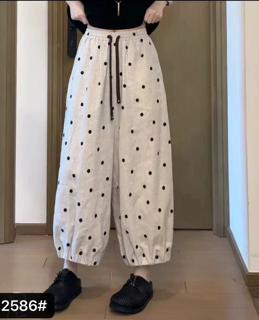 韩版夏季薄款休闲裤高腰宽松洋气时尚松紧腰波点灯笼裤