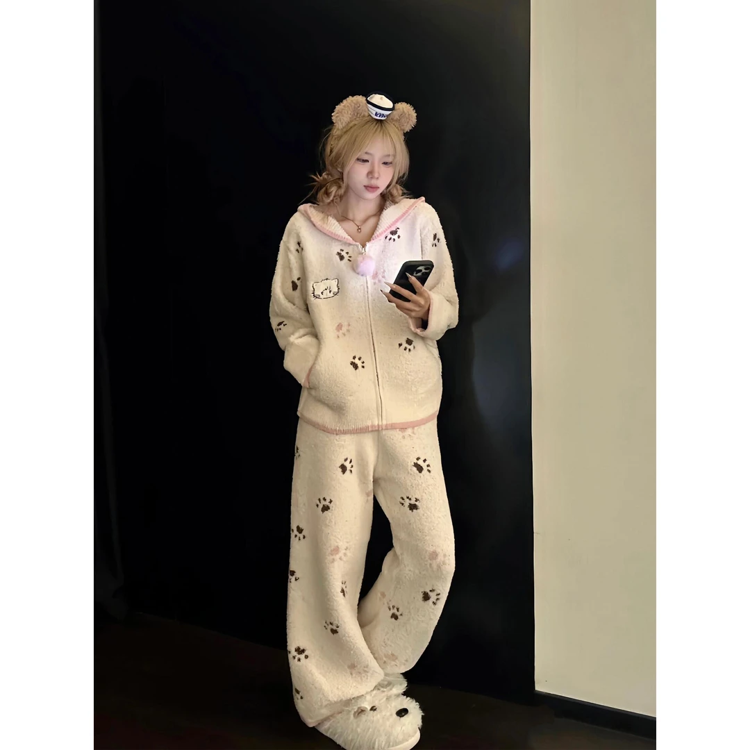 甜美卡通爪印猫耳披肩斗篷睡衣女秋冬款软fufu可爱粉保暖睡袍套装