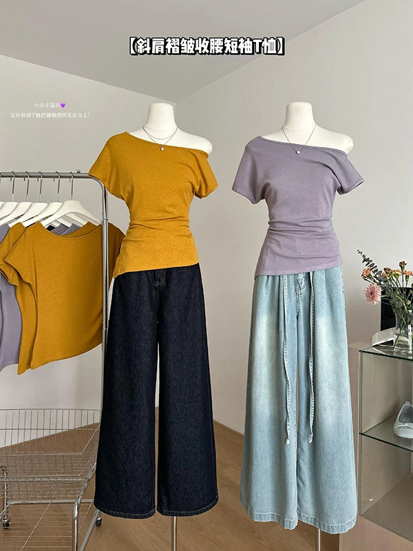 皱皱棉斜领t恤不规则小众斜肩短袖T恤女夏季收腰小衫修身露肩上衣