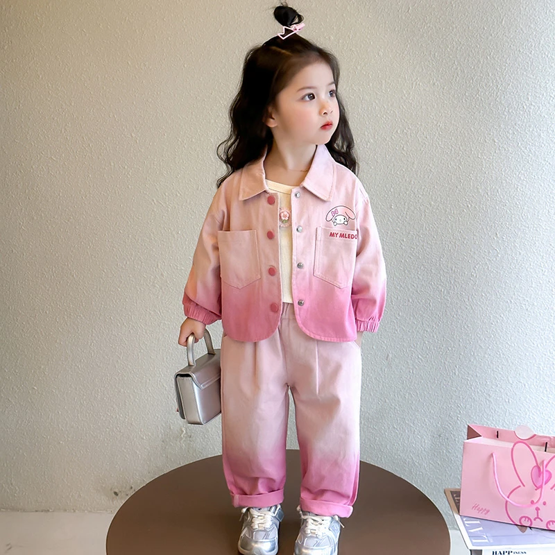 女童套装渐变春秋女卡通动漫纽扣开衫秋款常规粉色休闲洋气小童