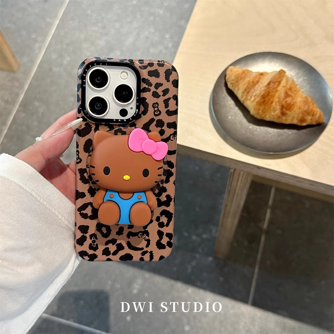 豹纹黑皮Kitty猫适用苹果iphone16promax手机壳15日韩1413菲林壳