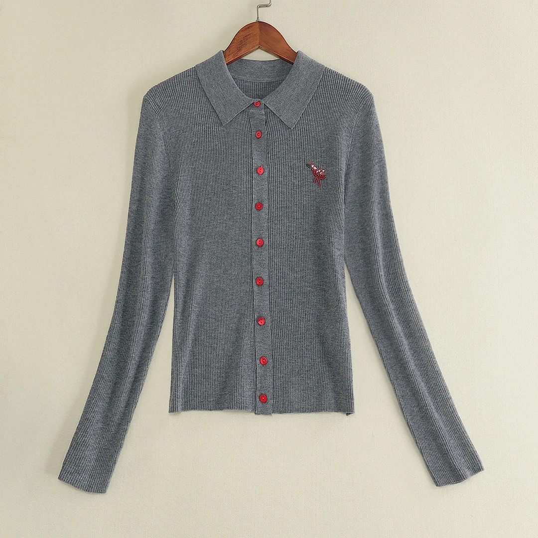 法式时尚针织衫女秋冬季polo领开衫钉珠亮片高级感羊毛打底上衣