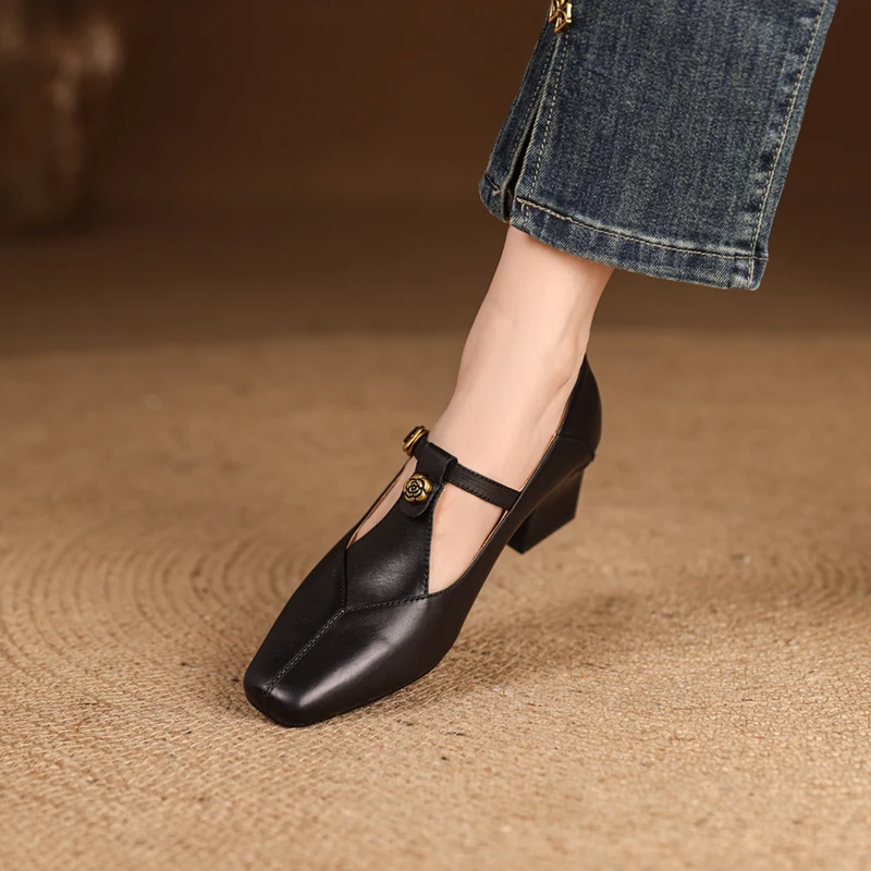 牛皮5公分/通勤真皮复古玛丽珍鞋女气质浅口粗跟方头小皮鞋单鞋