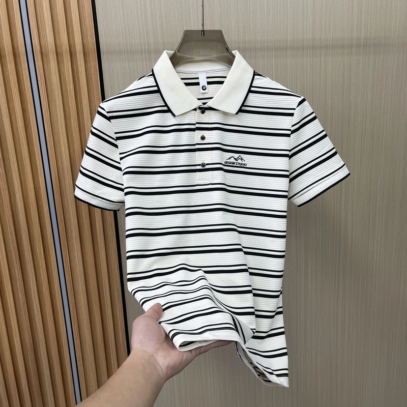 夏季短袖T恤男时尚条纹轻奢潮牌休闲POLO衫翻领上衣2025年潮