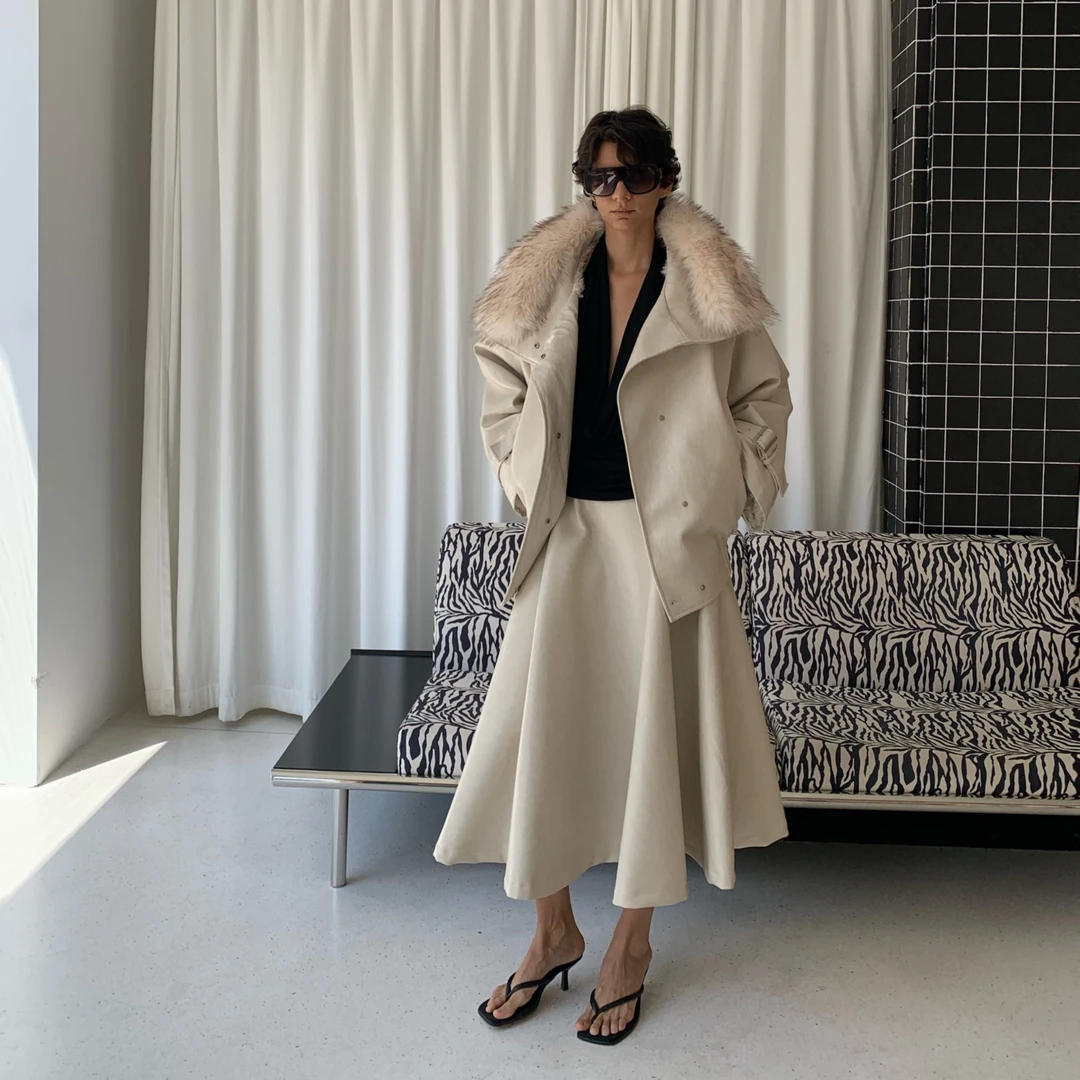 BUZHOU 25AW"高阶老钱"米色环保皮毛领毛绒加厚皮毛外套上衣