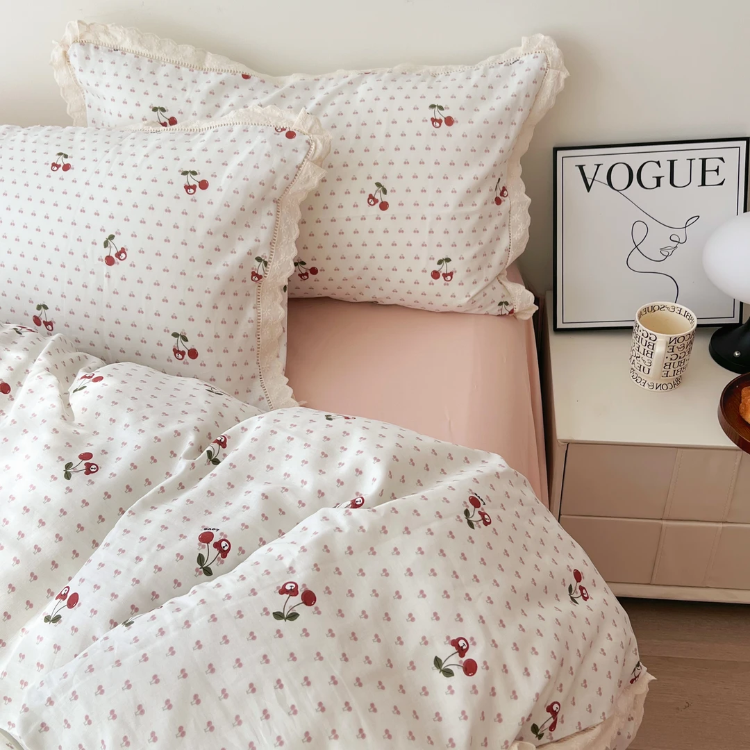 【MC】新款A类母婴级双层纱印花镂空花边纯棉小清新三件套四件套