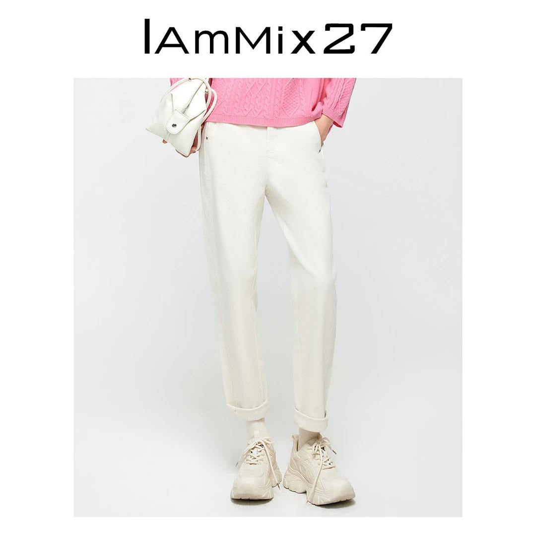 Iammix27复古加厚牛仔裤女冬季半松紧高腰复古牛仔锥形裤Z4D7008